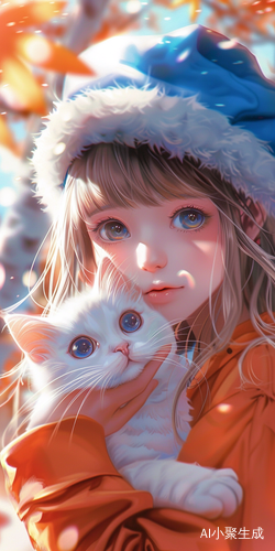 Cute Girl with White Kitten in Dreamy Anime Style