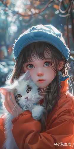 Cute Girl with White Kitten in Dreamy Anime Style