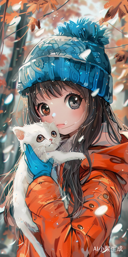 Cute Girl with White Kitten in Dreamy Anime Style