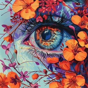 a painting of an eye with purple and orange flowers. in the style of james jean.mysterious jungle, martin ansin, 32k uhd, papua new guinea art, light blue and red, poster ar37:61 stylize 750v 6.0#midjourney关键