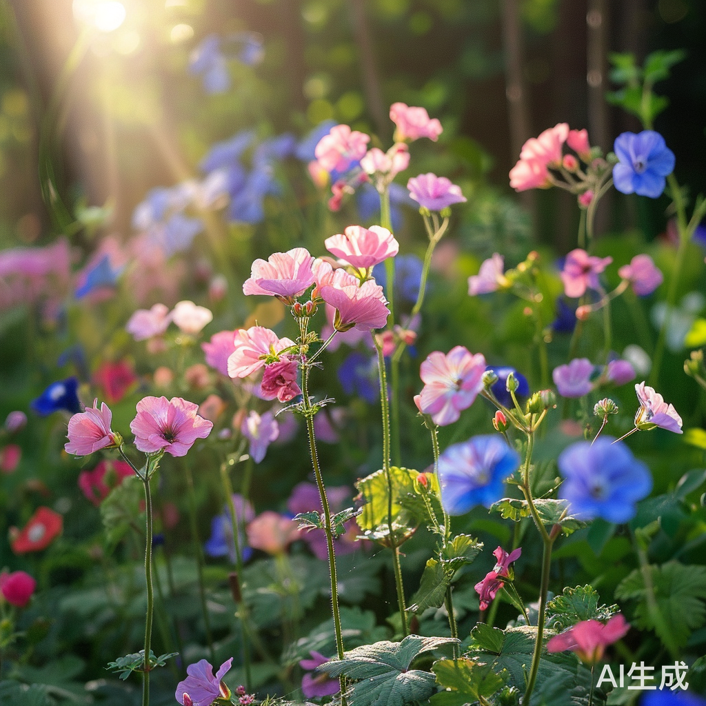 花园里五彩缤纷，粉蓝天竺葵盛开