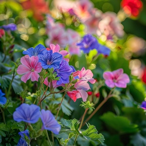 花园里开满了五颜六色的花朵,前景中粉红色和蓝色的天竺葵正在盛开。阳光透过绿叶照在它们身上,营造出柔和的光影效果。一群小巧的野花在自然美的映衬下绽放,为整体视觉效果增色不少。这张照片是用索尼阿尔法相机风格拍摄的,呈现出高清晰度品质。仿佛让人沉浸在无尽的繁花之中。