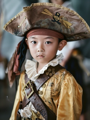 1 boy, Chinese, 10 years old, Pirates of the Caribbean costume, Pikachu, Kirby, realistic, highly detailed, professional photographer's lens, Kodak, Portra 800 film, wide-angle lens, photographer Dan Winters, peak of photography skills, cinematic photography style, best quality, masterpiece