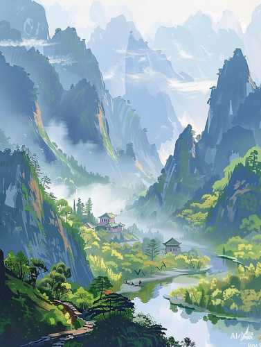 中国大好山河，美丽绘本插画风景壮观