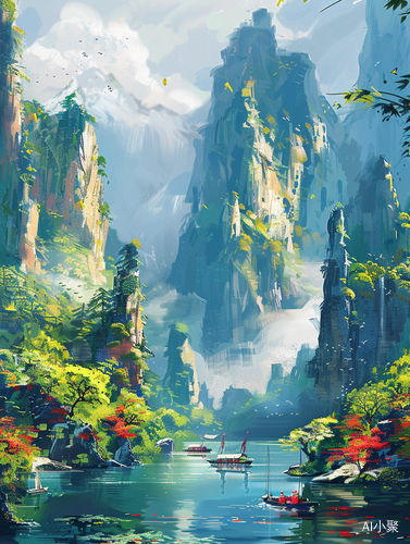 中国大好山河，美丽绘本插画风景壮观