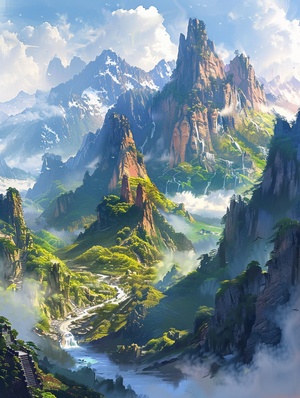 美丽的中国大好山河 风景美丽 景色壮观 儿童绘本插画风格