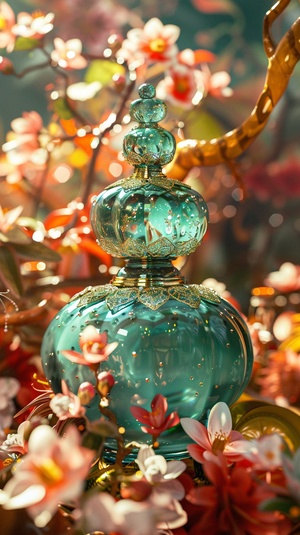 A cyan exquisite double-layer small gourd is placed in the middle position with a glass style gilding feel, Small green gourds, It contains unlimited power, Gilt style in the sea of flowers, Shining with a mysterious light., Flower petals swaying in the wind, Like the stars, Bring eternal hope.