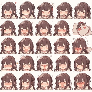 Emoji sheet of a cute fat girl, 16 emotions, mutiple dynamic pose, different expressions, white background, happy, angry, scared, surprised, etc., 8k, s 250 niji 5-