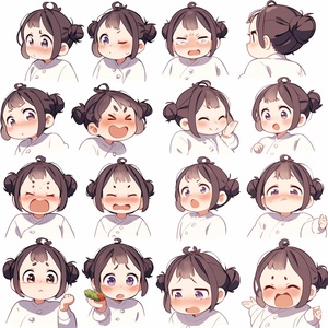 Emoji sheet of a cute fat girl, 16 emotions, mutiple dynamic pose, different expressions, white background, happy, angry, scared, surprised, etc., 8k, s 250 niji 5-