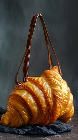 A designer handbag made of pastaproduct photographycroissant inspired handbagsoft lightinghigh resolutionhyperrealistic details