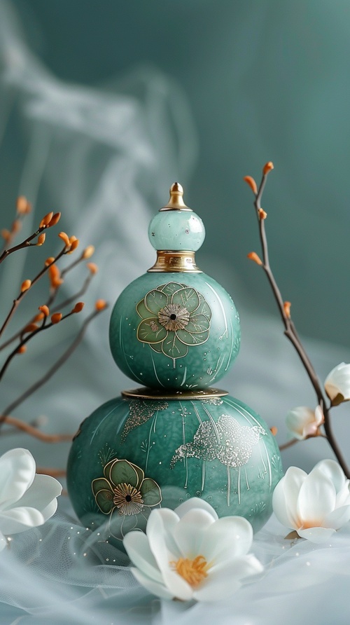 A cyan exquisite double-layer small gourd is placed in the middle position with a glass style gilding feel, Small green gourds, It contains unlimited power, Gilt style in the sea of flowers, Shining with a mysterious light., Flower petals swaying in the wind, Like the stars, Bring eternal hope.