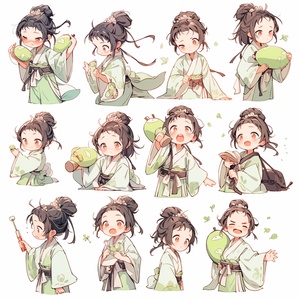 The little girl wearing a light green gauze skirt is a summer costume from the Tang Dynasty in China. She has a smiling face 人物描述），（ animated character design, Chinese painting, cute, modest charm, classical style, 古风关键词）（expression bag, 9 emoticons, happy, smile, sad, serious, expression Symbol table, various postures and expressions, different emotions, various poss and expressions, 8k