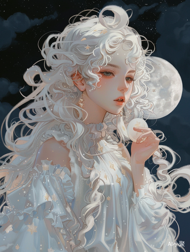 Dreamy Kawaii Girl with White Curly Hair and Moon-shaped Earrings