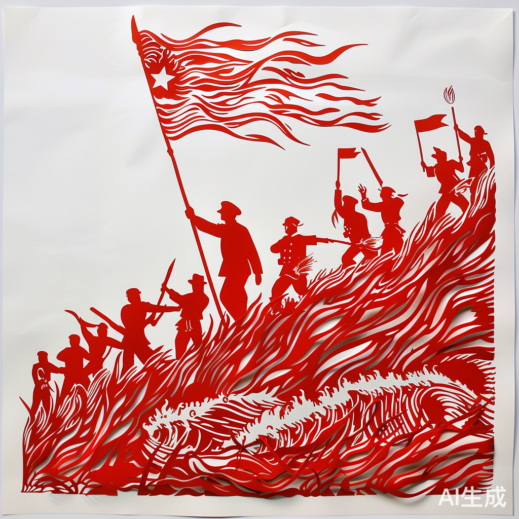 群众激情，火炬燃烧，青年英勇，战旗飘扬，中国剪纸