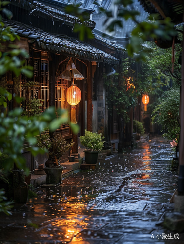 雨后江南老宅，微灯照，茶香扑鼻，花草烟火