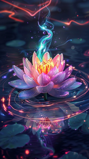 A glowing lotus flower with vibrant colors and intricate details, floating on water surrounded by swirling neon lights and magical energy, symbolizing tranquility and enlightenment. Digital illustration.