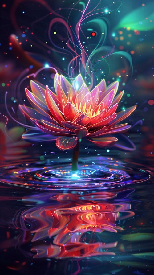 A glowing lotus flower with vibrant colors and intricate details, floating on water surrounded by swirling neon lights and magical energy, symbolizing tranquility and enlightenment. Digital illustration.