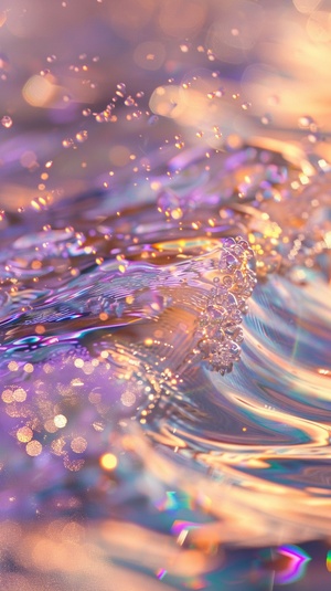 A closeup of the surface of water, with light purple and gold tones, sparkling waves crashing on it, and colorful reflections. The scene is filled with dreamy colors and a blurred background. A large depth of field highlights details in high resolution. Soft lighting creates soft shadows that highlight textures. High saturation enhances visual impact. In crystal clear holographic style, this artwork presents a beautiful natural landscape with a wideangle lens,32k,uhd