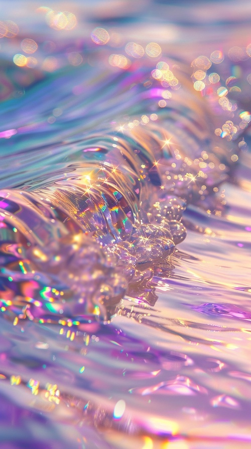 A closeup of the surface of water, with light purple and gold tones, sparkling waves crashing on it, and colorful reflections. The scene is filled with dreamy colors and a blurred background. A large depth of field highlights details in high resolution. Soft lighting creates soft shadows that highlight textures. High saturation enhances visual impact. In crystal clear holographic style, this artwork presents a beautiful natural landscape with a wideangle lens,32k,uhd