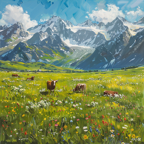 A Vibrant Scene of Grasslands and Snow-capped Mountains