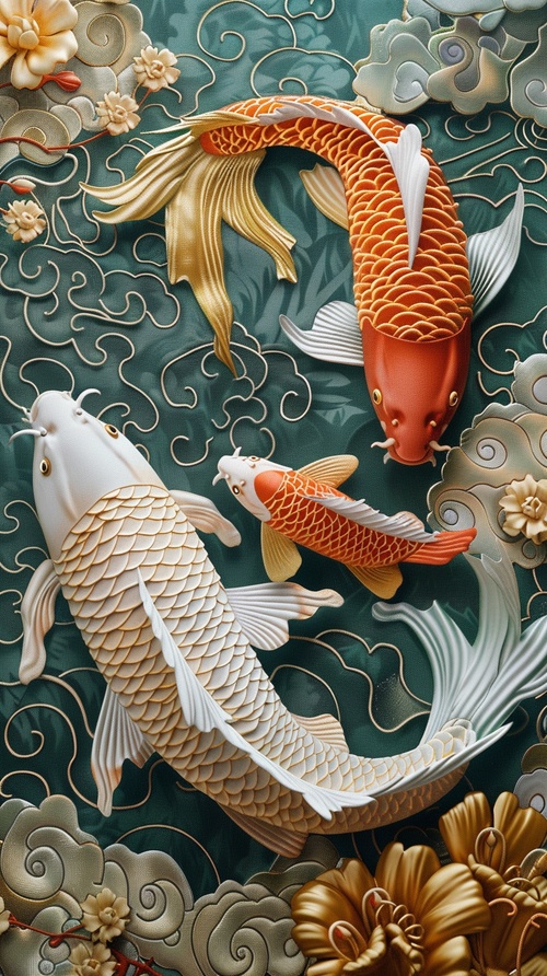 Chinese flat embroidery, flat decorative art, flat decorative painting, two gold and white carp, Chinese totem, smart, atmospheric,ray tracing, UHD, anatomically correct, ccurate, super detail, high details, best quality, award winning, 16k ar 3:4