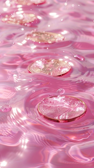 coins on pink water, wallpaper pink 775 hd, in the style of renhang,hyper realistic water, anime aesthetic.photorealistic scenes, resin, light violet,larme kei,16K ar 3:4 v 6.0