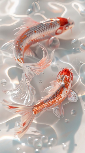 Glitter, Gorgeous and magical natural depth of field photography, Surreal, on the sparkling white water, with two red and gold koi and light pink gems made of foil, graceful curves, sunlight, spots, reflective cyan, natural light, photography, real, HD, high detail, clean, concise, picture quality best ar 3:4 v 6.0