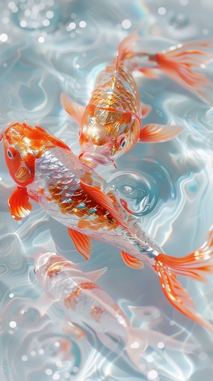 Glitter, Gorgeous and magical natural depth of field photography, Surreal, on the sparkling white water, with two red and gold koi and light pink gems made of foil, graceful curves, sunlight, spots, reflective cyan, natural light, photography, real, HD, high detail, clean, concise, picture quality best ar 3:4 v 6.0