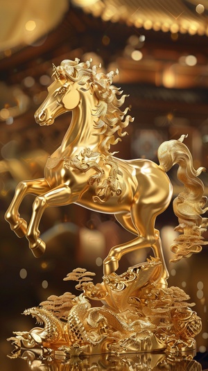 In Chinese culture,the golden horse symbolizes positive meanings such as power,glory, victory, wealth, and prosperity,and is often used to express wishes and expectations for a better future.