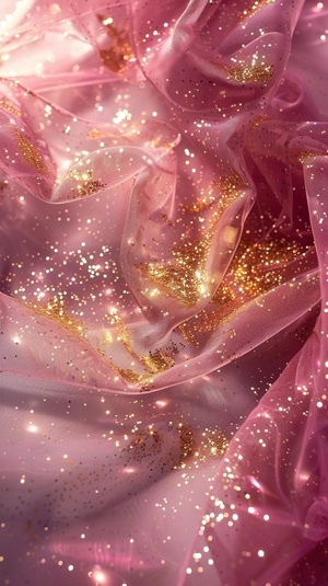 pink water 粉红色的水gold sparkles 金色的火花flowing fabrics 流动的织物light silver and light red 浅银色和浅红色dreamlike imagery 梦幻般的意象