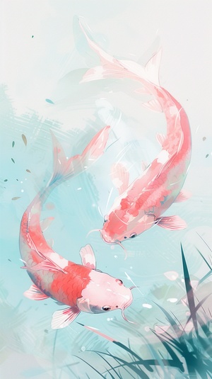 An illustration with the theme of two pink koi fish. The reflection of the koi fish is particularly charming when the sun shines through the water. Two koi fish swim slowly in the water, their color is pink, their scales are shining, like a dream in a fairy tale. In the background, the pale blue sky and green grass add softness and warmth to the overall tone of the picture. The whole work uses simple lines and bright colors, focusing on showing the smart and beautiful koi, creating a sense of tranquility an