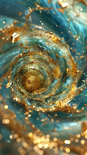 gold spiral with gold stars and gold swirling, in the style of futuristic spacescapes, light cyan and turquoise, tilt shift, mixes realistic and fantastical elements, bright backgrounds, crystalline and geological forms, uh image ar