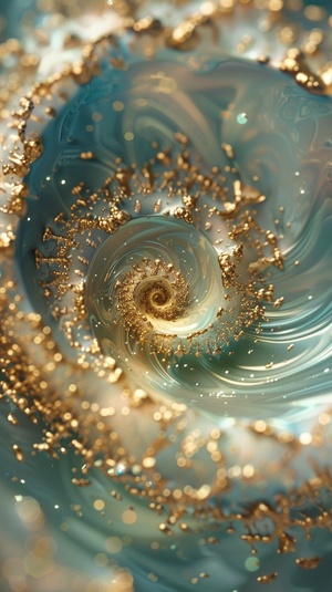 gold spiral with gold stars and gold swirling, in the style of futuristic spacescapes, light cyan and turquoise, tilt shift, mixes realistic and fantastical elements, bright backgrounds, crystalline and geological forms, uh image ar