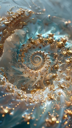 gold spiral with gold stars and gold swirling, in the style of futuristic spacescapes, light cyan and turquoise, tilt shift, mixes realistic and fantastical elements, bright backgrounds, crystalline and geological forms, uh image ar