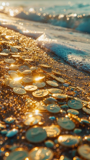 Golden Beach, the beach is full of gold coins, gold glittering, gold coins, there are gold crystal clear sea spray ar 3:4 v 6.0