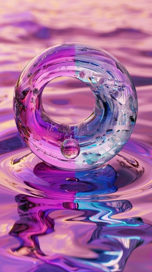 a colorful yin yang crystal sitting in water, in the style of light pink and violet, surrealistic dreamscapes, utopian vision, non-representational forms, solapunk, contrasting balance, magewave v 6.0 ar 2:3