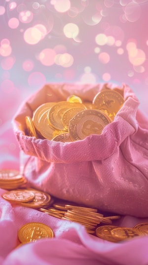 gold coins in a pink bag-粉色的袋子装着金币golden light effects-金色灯光效果high resolution photography-高分辨率摄影pastel colors-柔和的颜色-