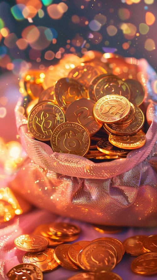 gold coins in a pink bag-粉色的袋子装着金币golden light effects-金色灯光效果high resolution photography-高分辨率摄影pastel colors-柔和的颜色-