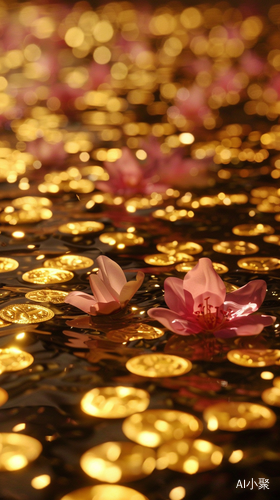 Golden Pool with Shimmering Coins and Pink Petals