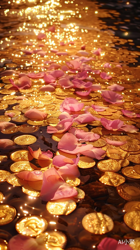 Golden Pool with Shimmering Coins and Pink Petals