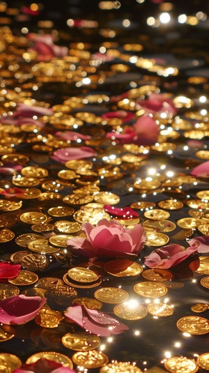 a shimmering pool of gold, the bottom of which is covered in gold shimmering coins and golden peanuts-一个闪闪发光的金池，池底覆盖着闪闪发光的金币和金花生pink petals floating on the water-粉红色的花瓣漂浮在水面上a few shimmering spots or lighting effects to give a sense of wealth and prosperity-一些闪闪发光的斑点或灯光效果，给人一种财富和繁荣的感觉