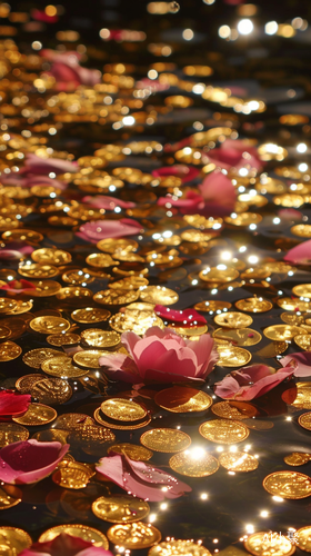 Golden Pool with Shimmering Coins and Pink Petals