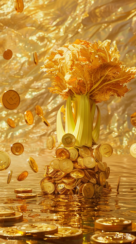 Golden Celery Cabbage Surrounded by Scattered Gold Coins on a Golden Background