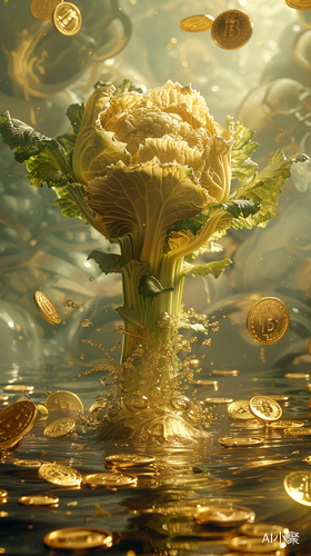 Golden Celery Cabbage Surrounded by Scattered Gold Coins on a Golden Background