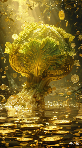 Golden Celery Cabbage Surrounded by Scattered Gold Coins on a Golden Background