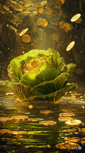 Golden Celery Cabbage Surrounded by Scattered Gold Coins on a Golden Background