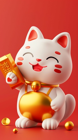 cute Japan lucky cat, holding a large shinny gold bar in its hand, smiling, minimalist style, simple and clean light red background, full-length portrait, movie lighting, volume light, soft and advanced colors, pixar style, bubble mart, 3D, C4D, blender, Chibi, Dribble, Pinterest, ultra detail, ultra precision，8k模式：mid journey 的niji6 模式哦（用v6模式有点太真实了，不够可爱）-