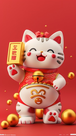 cute Japan lucky cat, holding a large shinny gold bar in its hand, smiling, minimalist style, simple and clean light red background, full-length portrait, movie lighting, volume light, soft and advanced colors, pixar style, bubble mart, 3D, C4D, blender, Chibi, Dribble, Pinterest, ultra detail, ultra precision，8k模式：mid journey 的niji6 模式哦（用v6模式有点太真实了，不够可爱）-