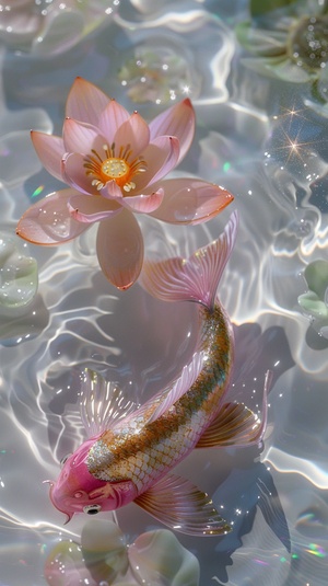 there are two pink and gold fish made of foil-有两条粉红色和金色的鱼是用箔纸做成的on the sparkling white water with foil and jade pink lotus flower-波光粼粼的水面上，点缀着玉粉的荷花beautiful curves-美丽的曲线natural light-自然光cinematography, photography, real, high-definiition-电影摄影，真实的，高清的-