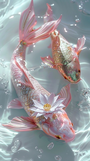 there are two pink and gold fish made of foil-有两条粉红色和金色的鱼是用箔纸做成的on the sparkling white water with foil and jade pink lotus flower-波光粼粼的水面上，点缀着玉粉的荷花beautiful curves-美丽的曲线natural light-自然光cinematography, photography, real, high-definiition-电影摄影，真实的，高清的-